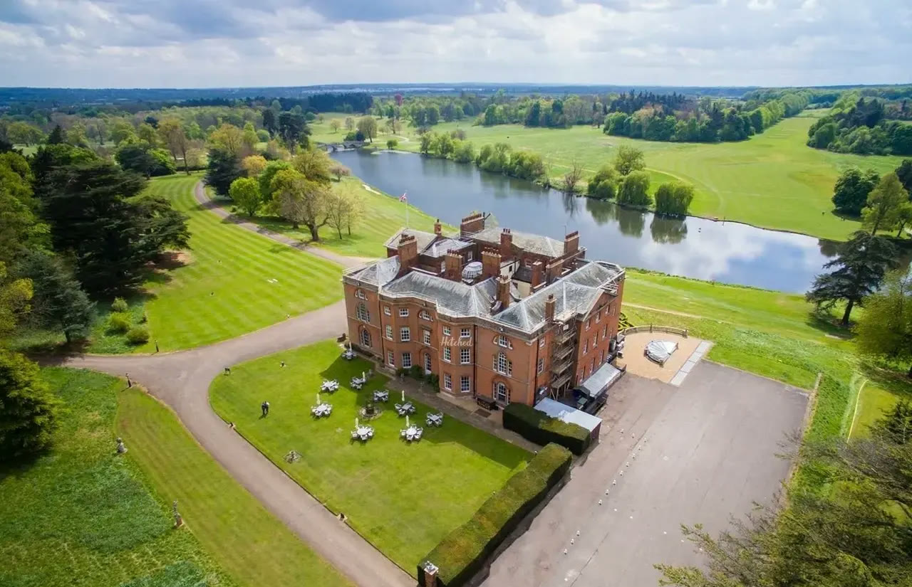 Brocket Hall estate viewed from above, beside its lake and parkland